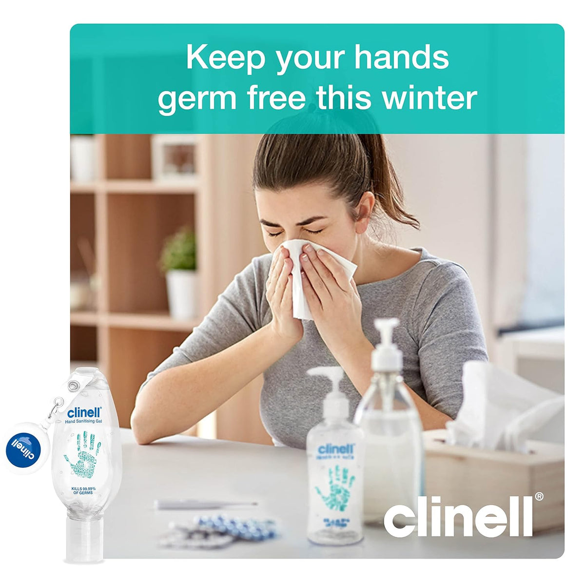 Clinell Hand Sanitiser Gel with Retractable Clip - 50 ml - Dermatologically Tested, Kills 99.99% of Germs, Moisturising, Quick Action, Kind to Skin, No Stickiness