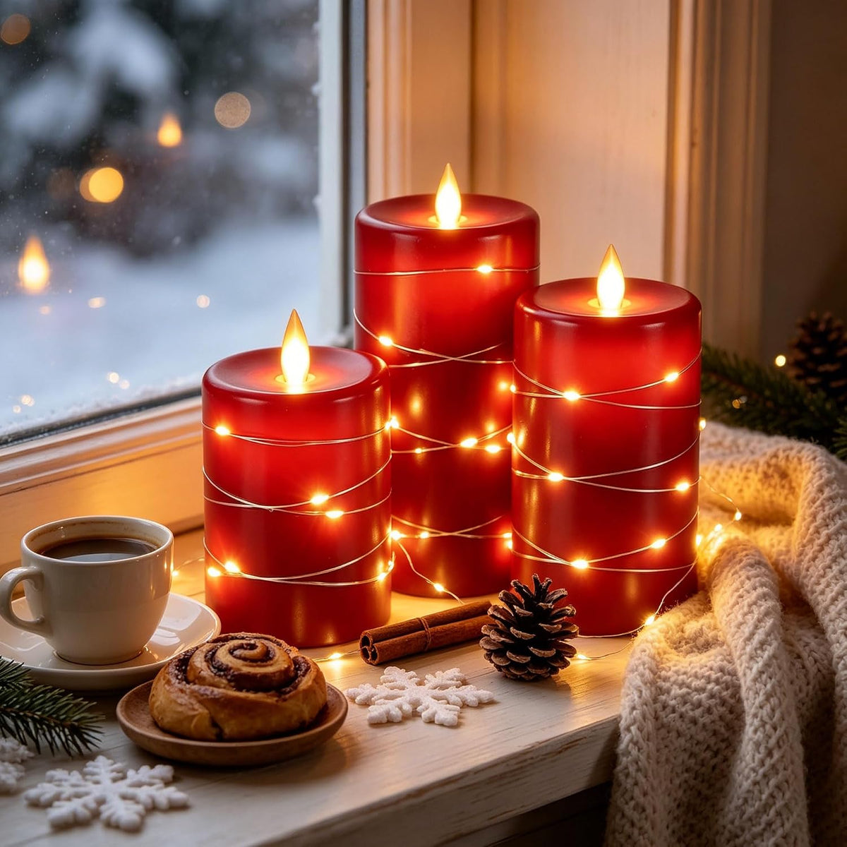 Da by 3 Pack Ivory Flameless LED Candles with Fairy Lights, Realistic Moving Flame Paraffin Wax Candles, Remote Control, Soft Warm Light, 8cm D x 12.5/14.5/16.5cm H, Indoor Wedding Home Decor