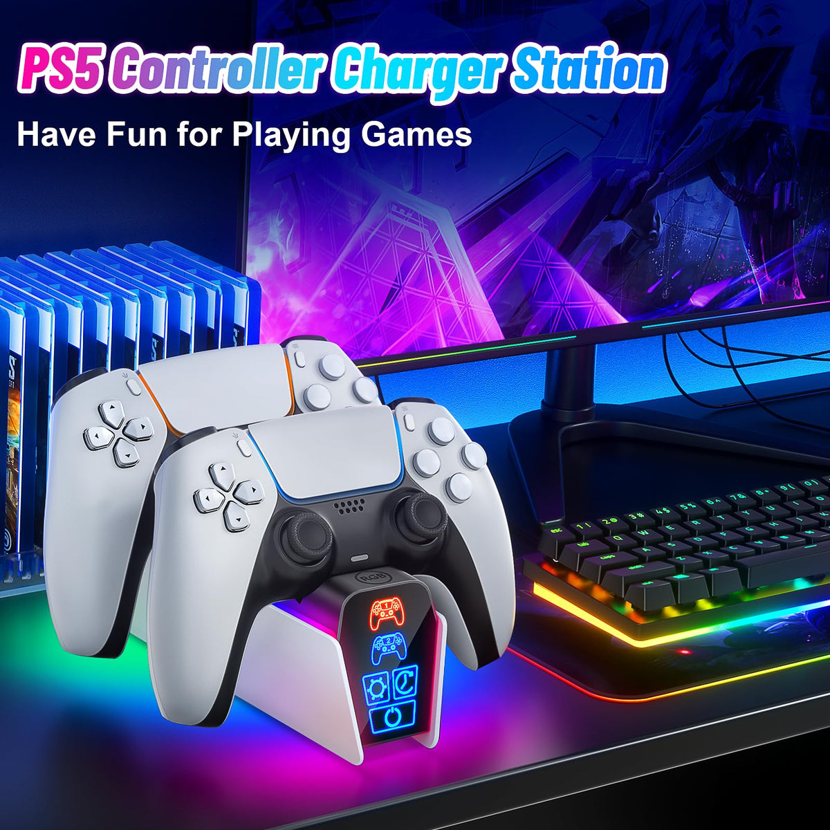 Fenolical PS5/Slim/Pro Stand with Adjustable Cooling Fan, Vertical PS5 Cooling Charger Stand for PS5/Slim/Pro, Multifunctional PS5 Slim Cooling Station with Dual Controller Chargers and RGB Light
