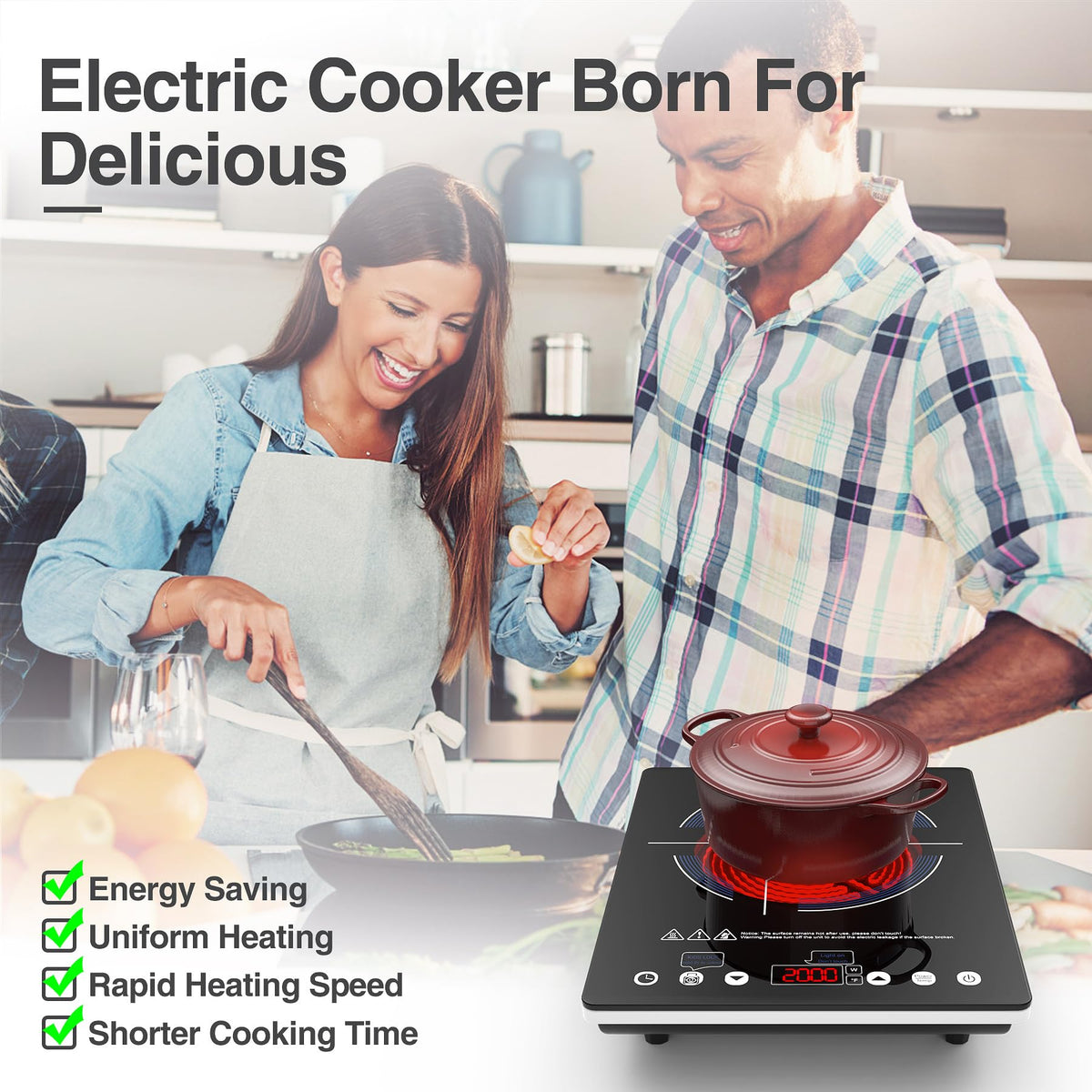VBGK Portable Ceramic Hob, 2000W Portable Electric Hob, Electric Ceramic Hob, Single Cooking Zone with LED Display, 4-Hours Timer, Safety Lock, Residual Heat Indicator