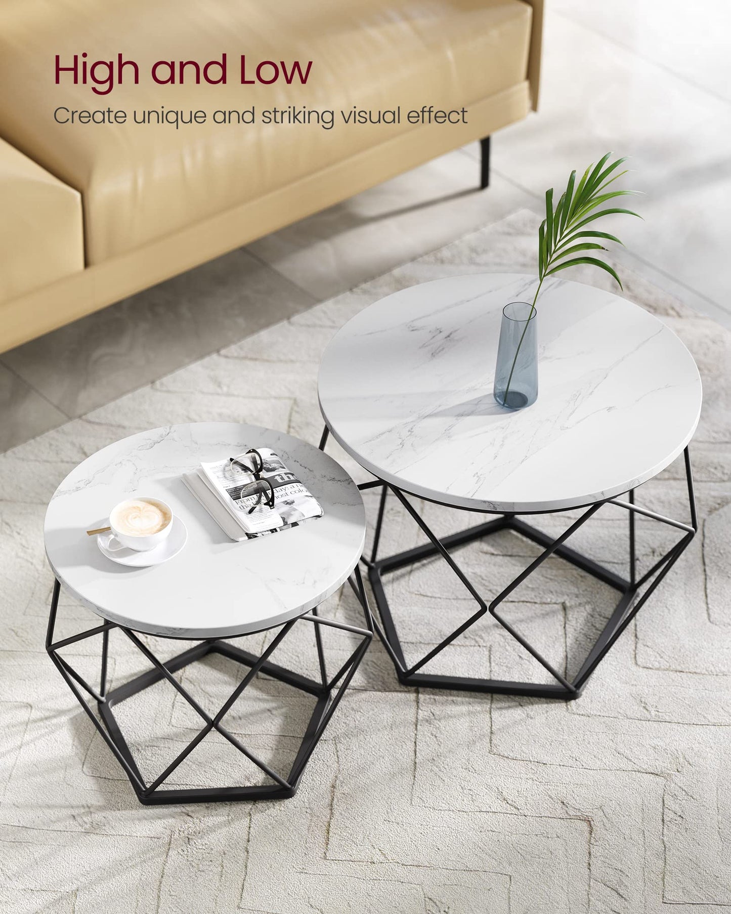 VASAGLE Coffee Tables, Set of 2 Side Tables, Robust Steel Frame, for Living Room, Bedroom, Rustic Brown and Black LET040B01