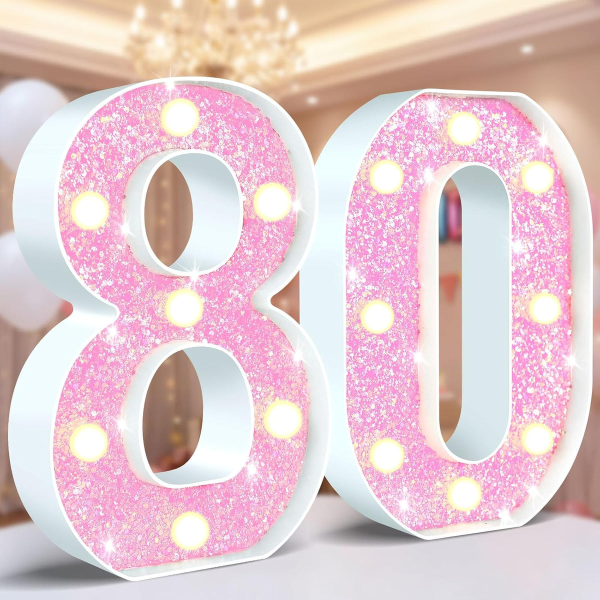 Ledido Pink Glitter Light Up Number 80 for 80th Birthday Decorations