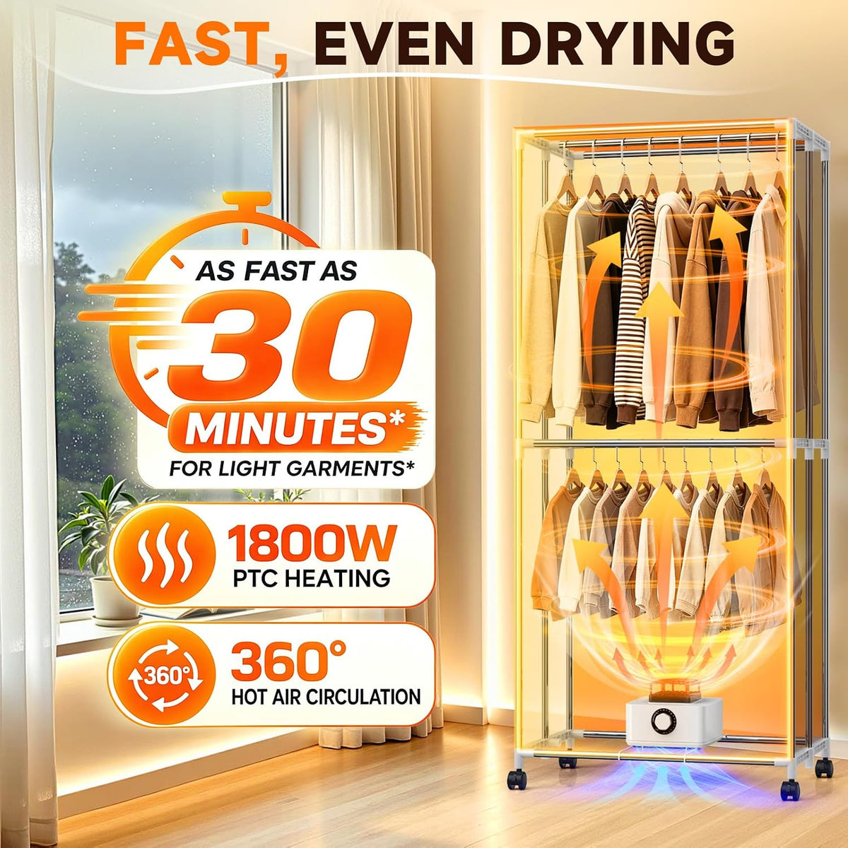Feenao Heated Clothes Airer with Cover, 30-Min Fast Drying Clothes Dryer, Portable Indoor Laundry Dryer 16kg Large Capacity Double Layer Drying Rack, Lockable Wheels, Compact Dryer for Flats & Homes