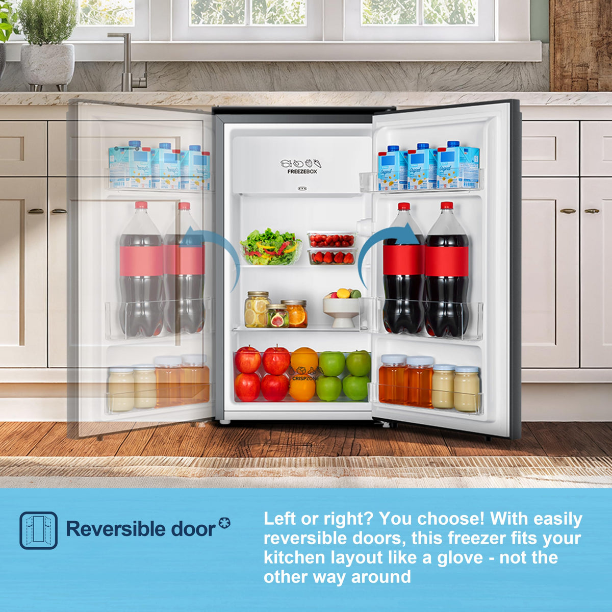 Fridgemaster 45L Table Top Mini Fridge MUR4545, 45cm Compact Refrigerator with Adjustable Thermostat, Reversible Door, 39dB Low Noise, White, Energy Class E