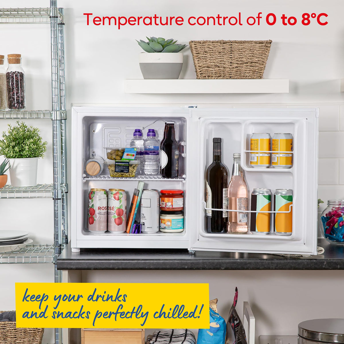 Russell Hobbs Table Top Larder Mini Fridge 66L Capacity, Reversible Door & Adjustable Feet, 0 to 8 Degrees Manual Temperature Control, Silver RH67TTLF0E1SS