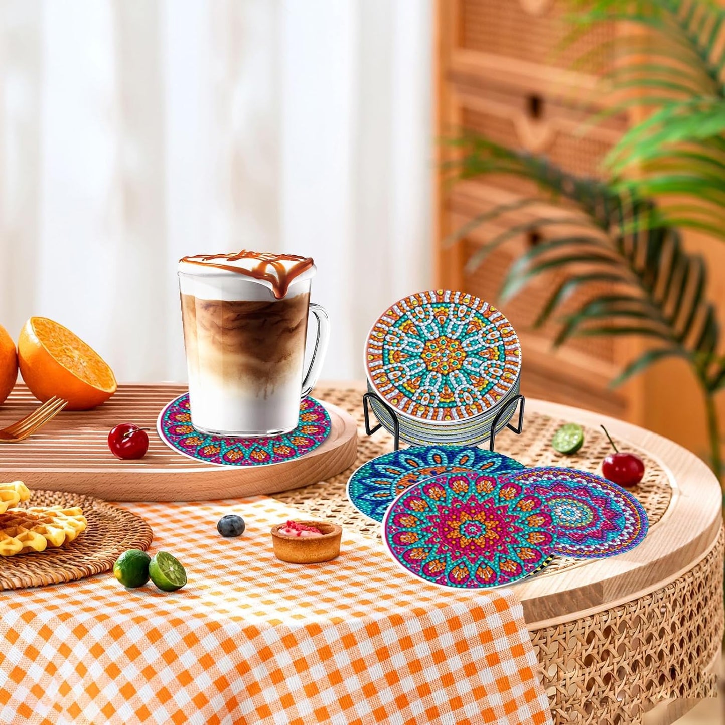 8 Pcs Flowers Diamond Art Coasters Kits for Adults Begainners,Full Drill Diamond Painting Coasters Kit with Holder,DIY Gem Painting Craft Kits for Adults Supplies Gift (Flowers).
