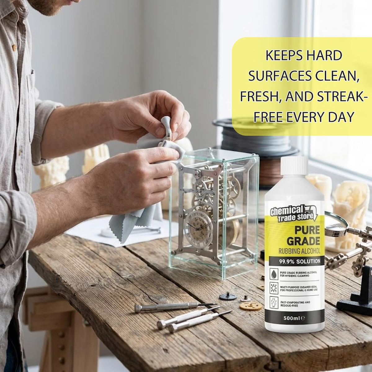 Rubbing Alcohol 99.9%, 500ml - High Purity Isopropyl Alcohol for Hygienic Surface Cleaning, Care Homes, Household Cleaning, Glass, Mirrors, Bathrooms, Kitchens & Hard Surfaces