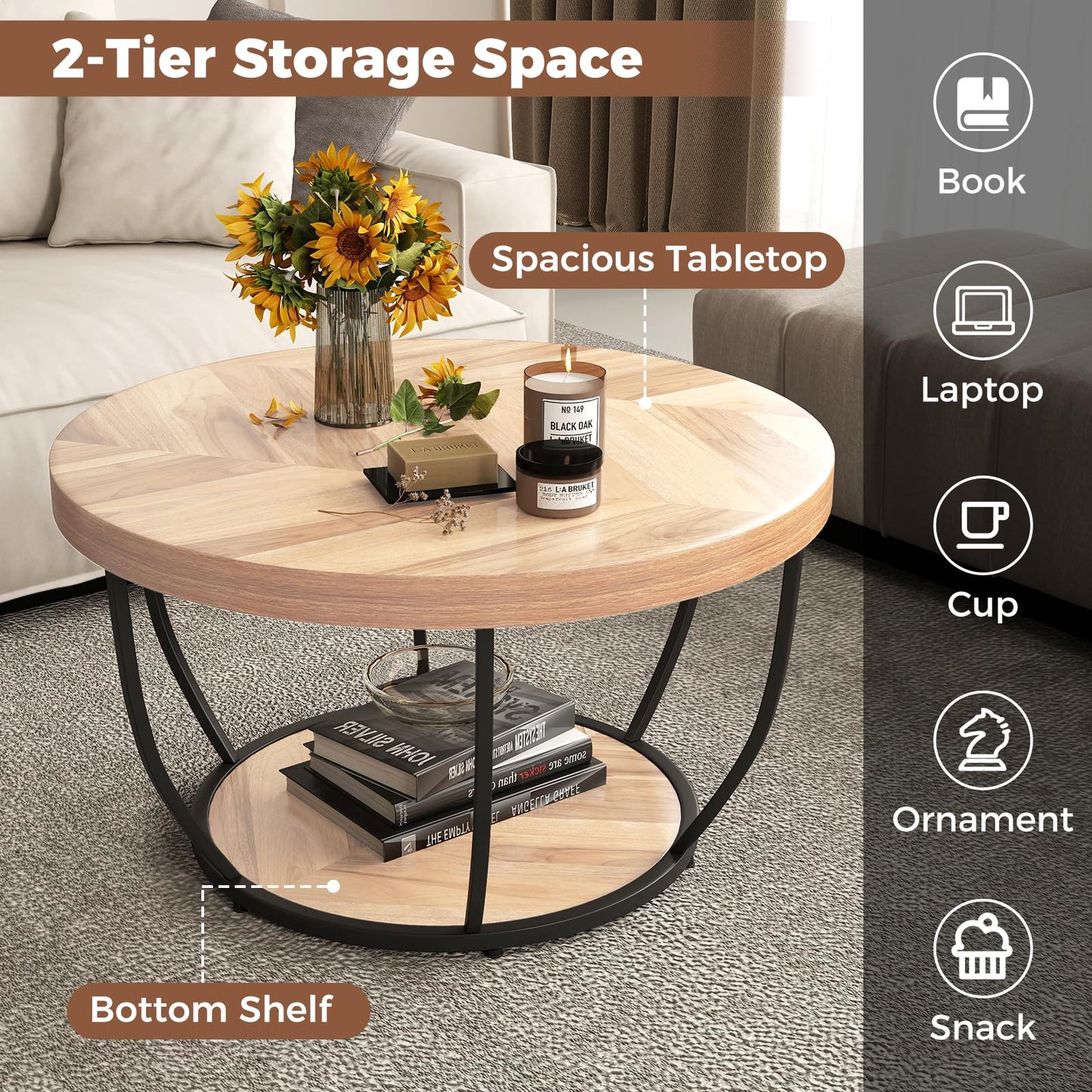COSTWAY 2-Tier Round Coffee Table with Storage Shelf, Metal Frame Industrial Accent Cocktail Center Unit Sofa Side Tea Table for Living Room, Bedroom and Office, 80x80x45cm (Rustic Brown+Black)