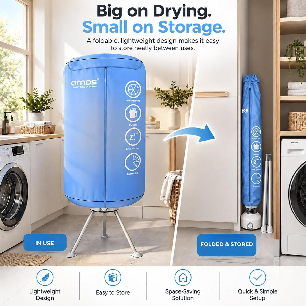AMOS Eezy Dry Pod Heated Electric Clothes Dryer 10KG Capacity 1000W Indoor & Outdoor Folding Airer for Laundry Large Foldable Rack for Fast Drying With Cover (Dry Pod)