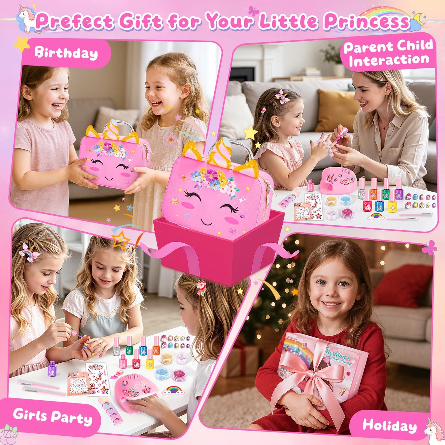 Hohosunlar Girls Makeup Set Kids Toys - Washable Non-toxic Kids Make Up w/ Nail Polish Dryer, Princess Accessories Nail Varnish Set, Christmas Birthday Gift Toys for Girls 3 4 5 6 7 8-12 Years Old