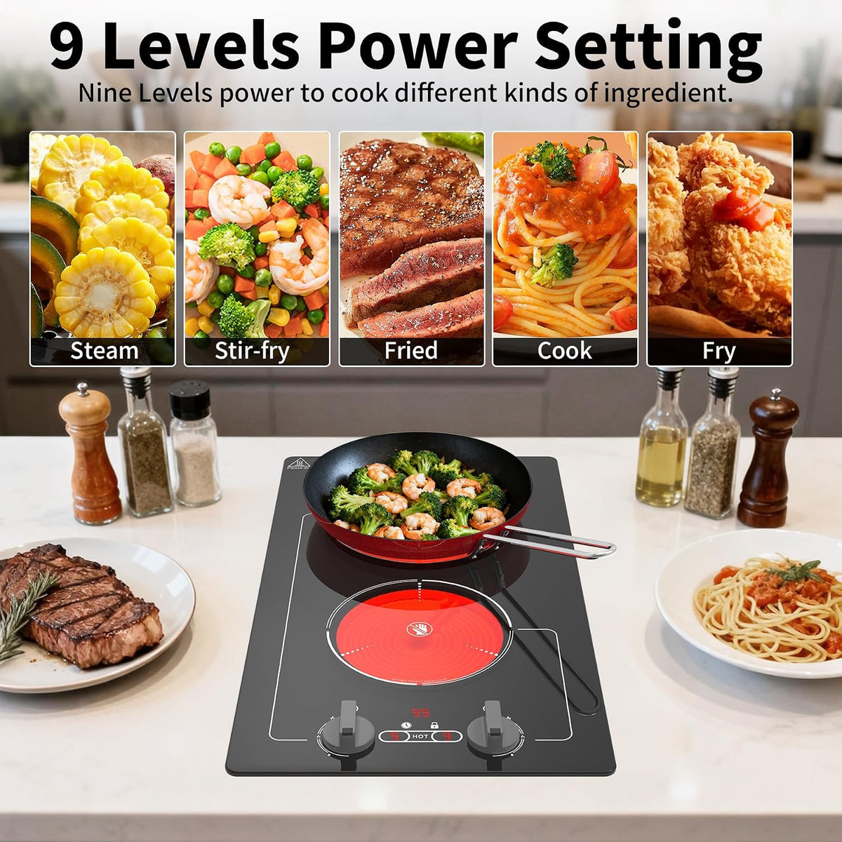 VBGK 2 Ring Electric Hob with Knob, 220V 3000W Double Ceramic Hob, 9 Power Levels, Kids Lock & Timer, Hot Surface Indicator, Overheat Protection, Knob and Touch Control Double Electric Hob