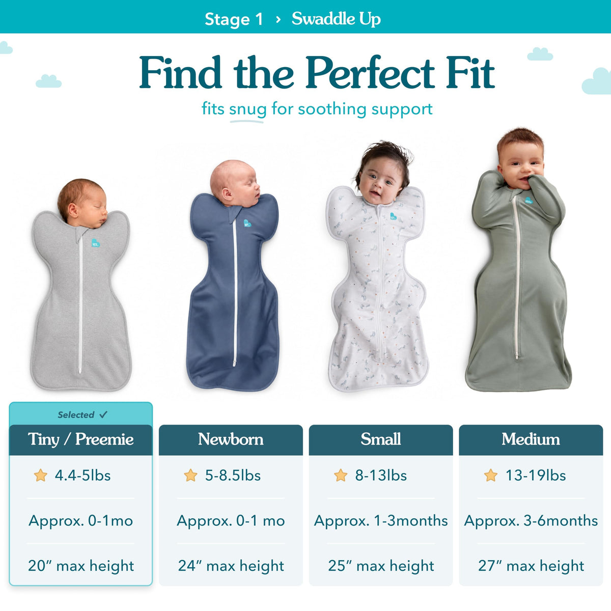 Love To Dream™ Swaddle UP™, Newborn 2.2-3.8 kg - Grey, Snug Fit, Supports Healthy Sleep Routine, 1.0 Tog - Ideal for 20-24°C Temperatures, Machine Washable Cotton & Double Zip for Easy Nappy Changes