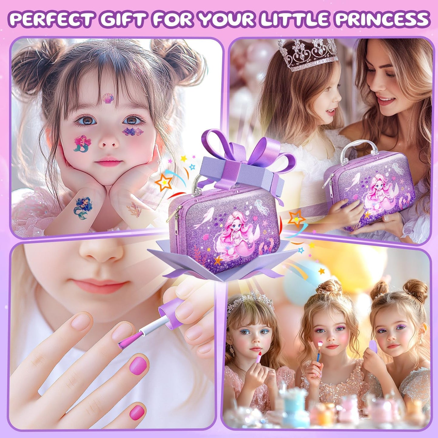 Hohosunlar Kids Makeup for Toddlers Toys, Washable Make Up Set Non-Toxic Toys for Girls with Purse, Princess Pretend Play Hair & Nail Polish Accessories, Christmas Birthday Gift Toys for Girls 3+