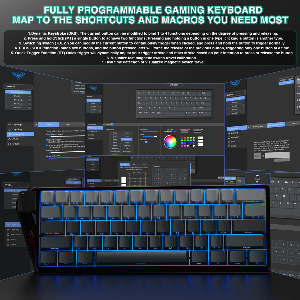 AULA WIN60 HE Mechanical Gaming Keyboard Wired,Hall Effect Magnetic Switches,Adjustable Actuation Rapid Trigger,8K Polling Rate,RGB Backlight,60% Percent Keyboard for Mac/Win (BLACK) (Pack of 2)