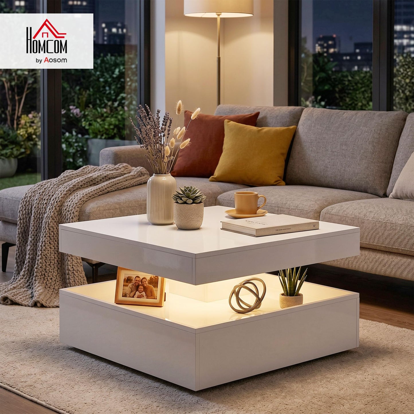 HOMCOM LED Coffee Table with Storage, 2-Tier Modern Centre Table with Open Shelf and Remote for Living Room, High Gloss White