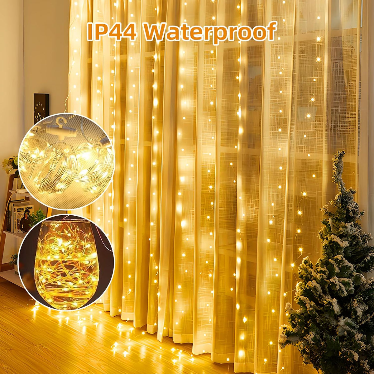 Jsdoin Curtain Fairy Lights, 3.6m x 3m 360leds USB Operated 8 Modes String Light Indoor Waterproof Hanging Window Lights with Hooks for Christmas, Wedding, Party,Wall, Home Decorations (Warm White)