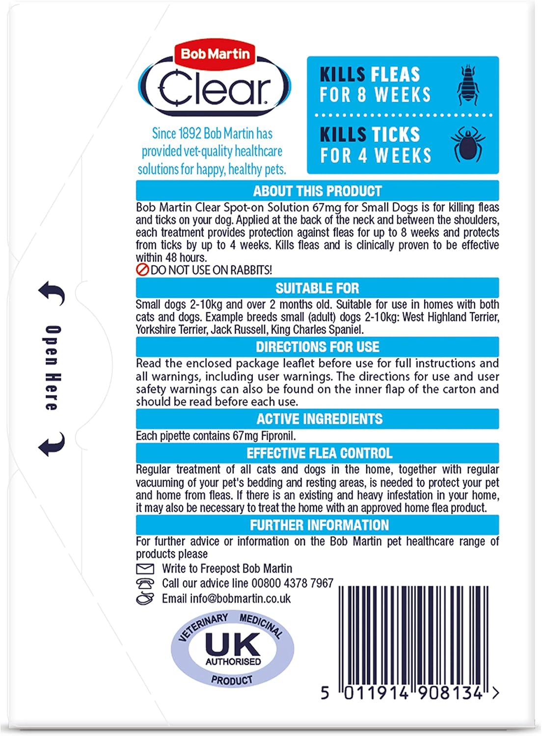 Bob Martin Clear Spot On Flea Treatment for Small Dogs (2-10kg) - Kills Fleas & Ticks (3 Pipettes)