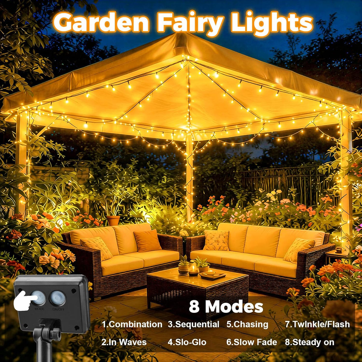 Outdoor Solar Lights Garden, 12M/40FT 120 LED Solar String Lights Waterproof, 8 Modes Solar Powered Fairy Lights for Tree Patio Yard Party Garden Terrace Decorations Warm White