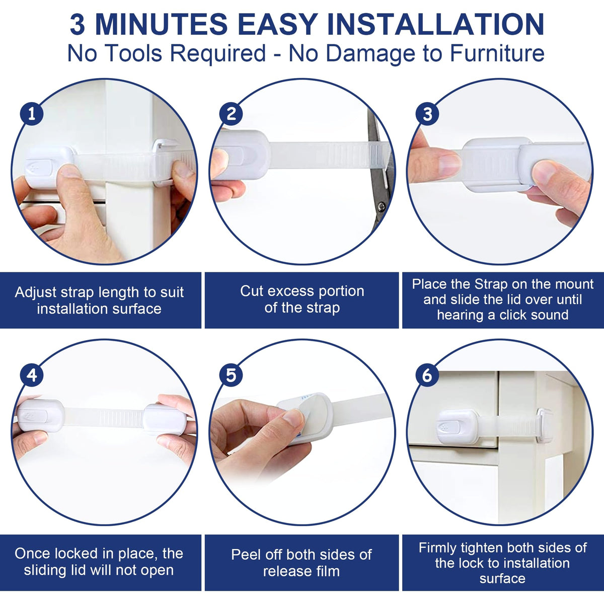Adjustable Child Locks for Kitchen Cupboards 10 Pack - White