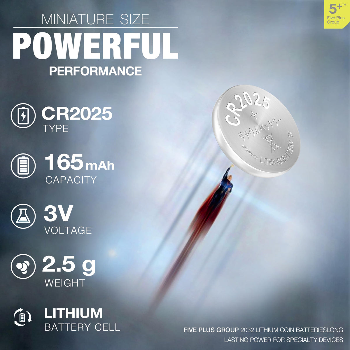 CR2025 DL2025 3V Lithium Coin Cell Batteries (5 Pack) – Long Lasting Button Battery for Car Key Fobs, Scales, Toys, LED Lights & Medical Devices