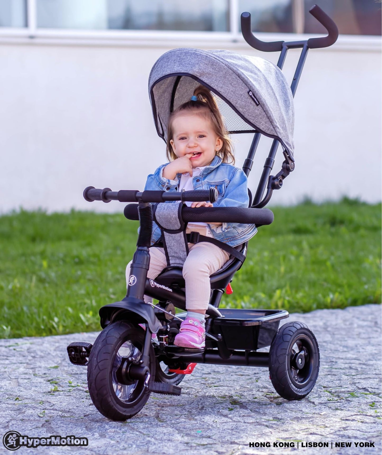 HyperMotion Toddler Tricycle with Parent Handle, Canopy, Safety Belt & Basket — From 12 Months