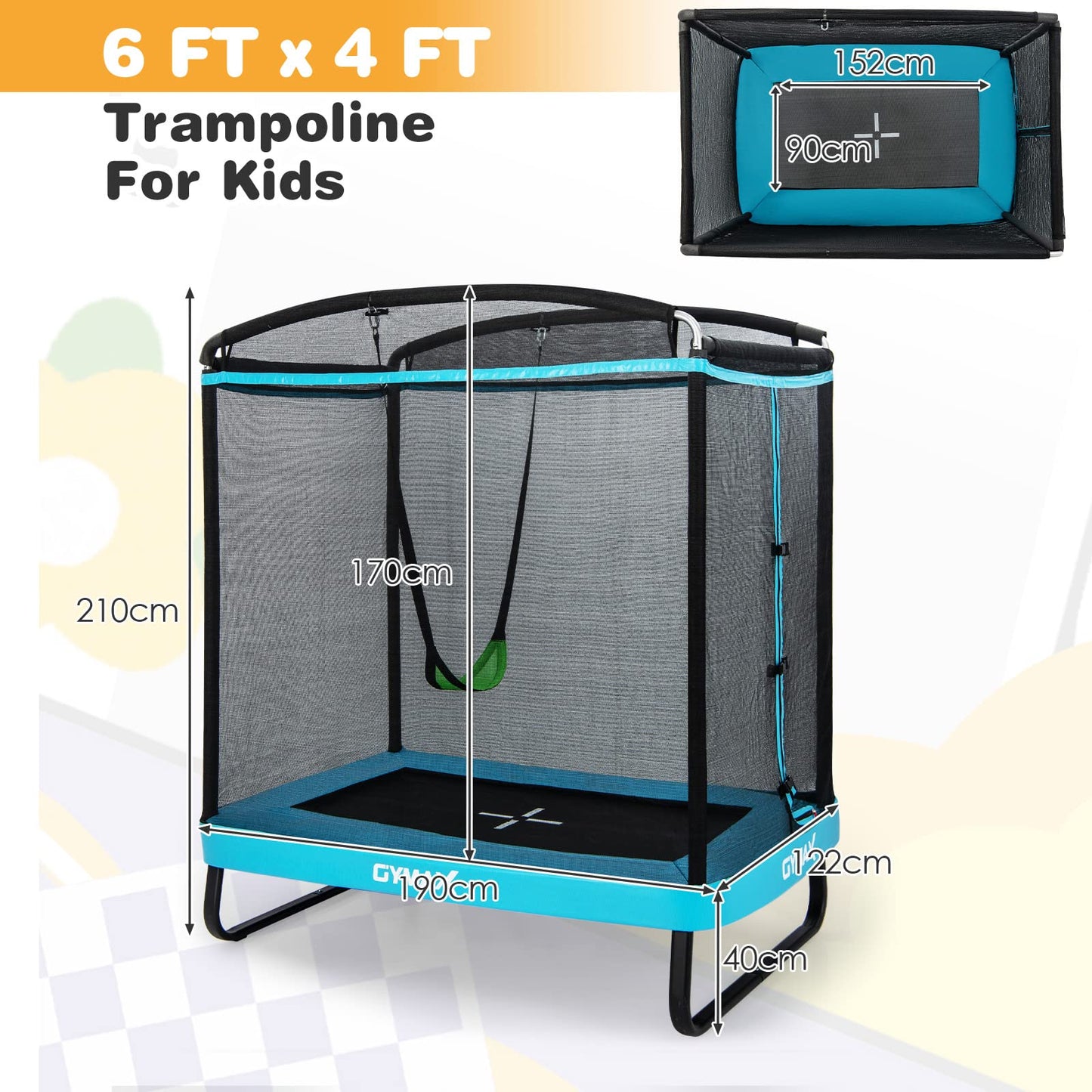 COSTWAY 6FT Kids Trampoline, 2 in 1 Toddler Trampolines with Swing and Enclosure Safety Net, Rectangle Trampoline for Outdoor