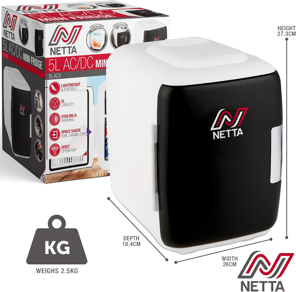 NETTA 5L Mini Fridge - Portable Small Fridge for Drinks, Snacks, Skincare - For Bedroom, Student Dormitory, Office With Cooling And Warming Function - AC/DC Portable – White