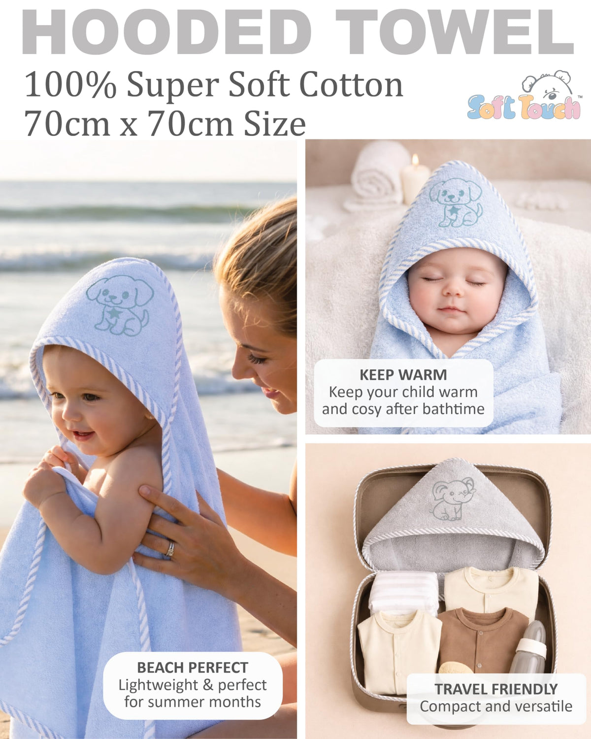 Soft Touch Newborn Essentials 100% Cotton Embroidered Hooded Baby Towel 70 x 70cm for Baby Boys and Girls 0-24 Months (2-Packs)