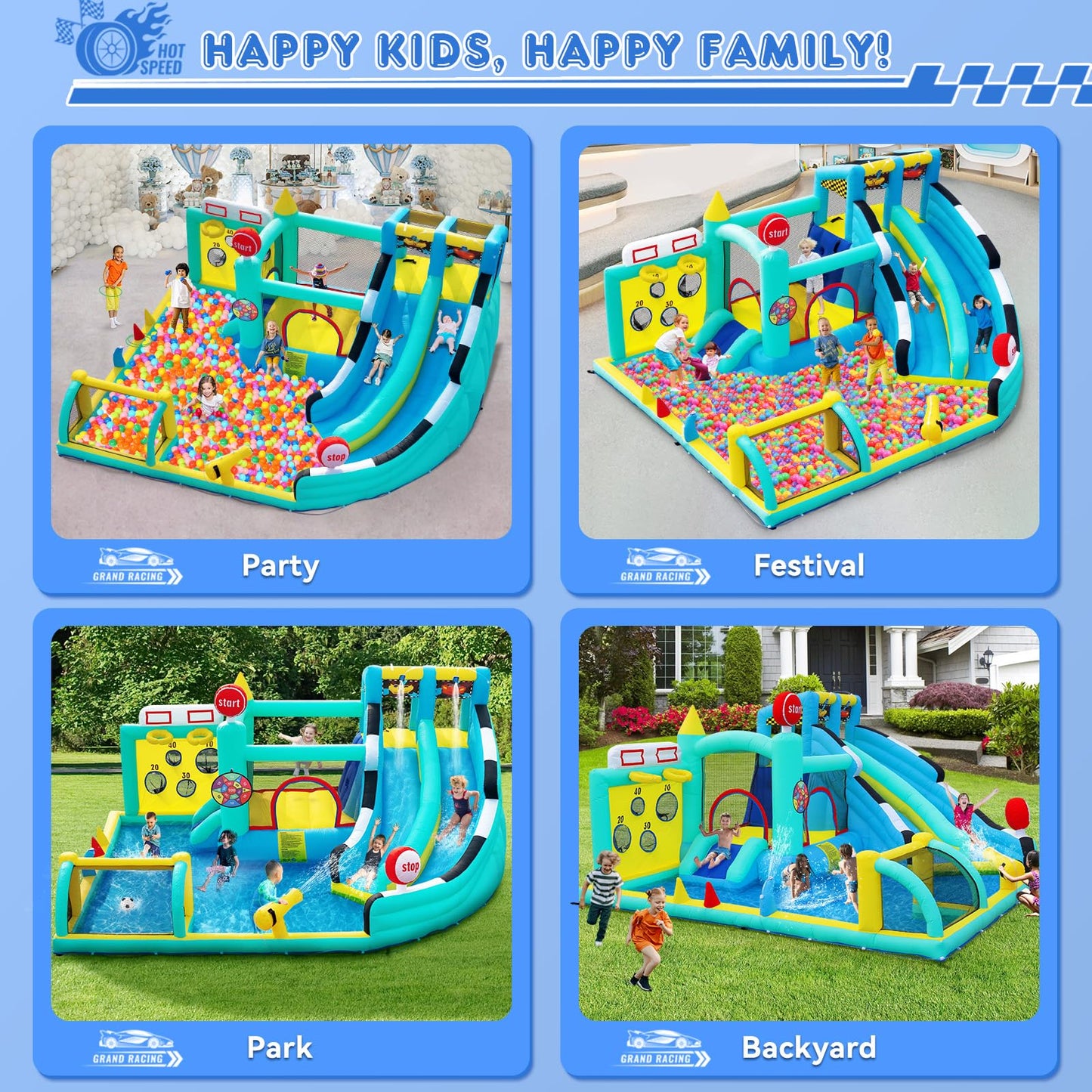 Inflatable Bouncy Castle with Slide Trampoline and Ball Pit, Bounce House Indoor Outdoor with Air Blower for Toddler Garden Park Backyard Party Wedding Birthday Gift, 470 x 400 x 220 cm