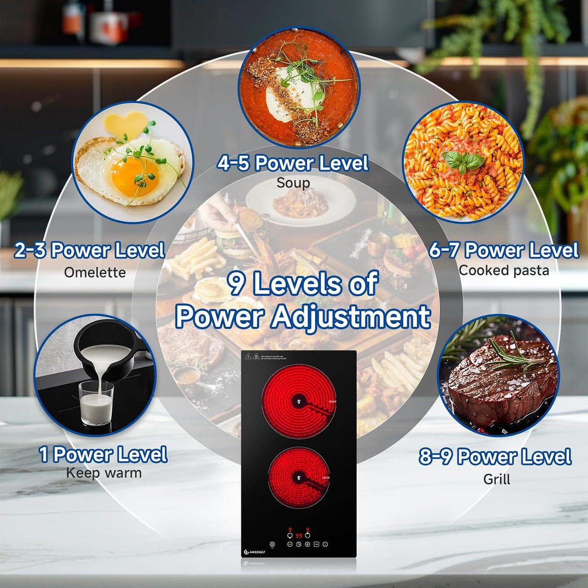 AMZCHEF Ceramic Hob 2 Zones, 3000W Electric Hob 2 Ring, Table Top & Built-in Dual installation, Plug and Play, 9 Power Levels, Timer & Pause Function, Child Lock, Easy Clean Frosted Glass Panel