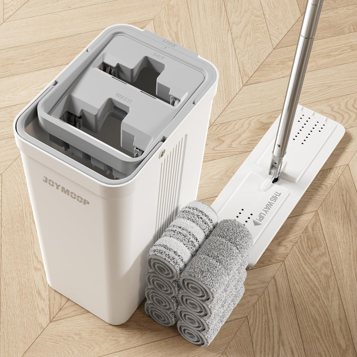 JOYMOOP Mop and Bucket with Wringer Set, Hands Free Flat Floor Mop and Bucket, with 3 Washable Microfiber Pads, Wet and Dry Use, Floor Cleaning System