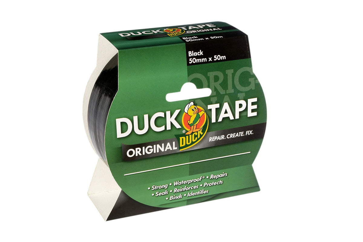 Duck Tape Original Black, 50mm x 25m. The original high strength waterproof gaffer and duct adhesive cloth repair tape