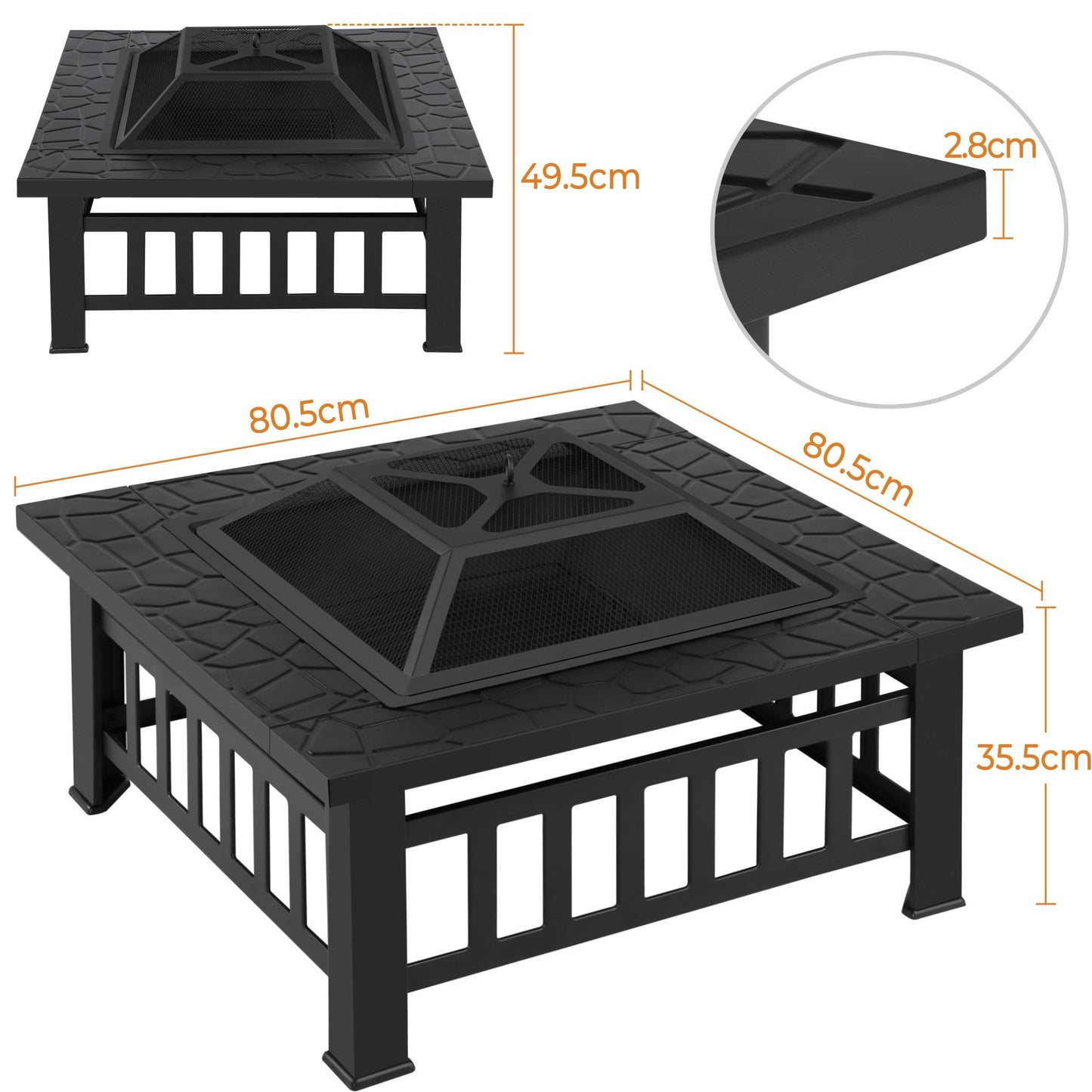 Yaheetech Outdoor Fire Pit 81cm Square Fire pits 3-in-1 Heat-resistant Metal Garden Stove for Barbecue, Heating, Cooling Drinks with Cover & Poker, Black