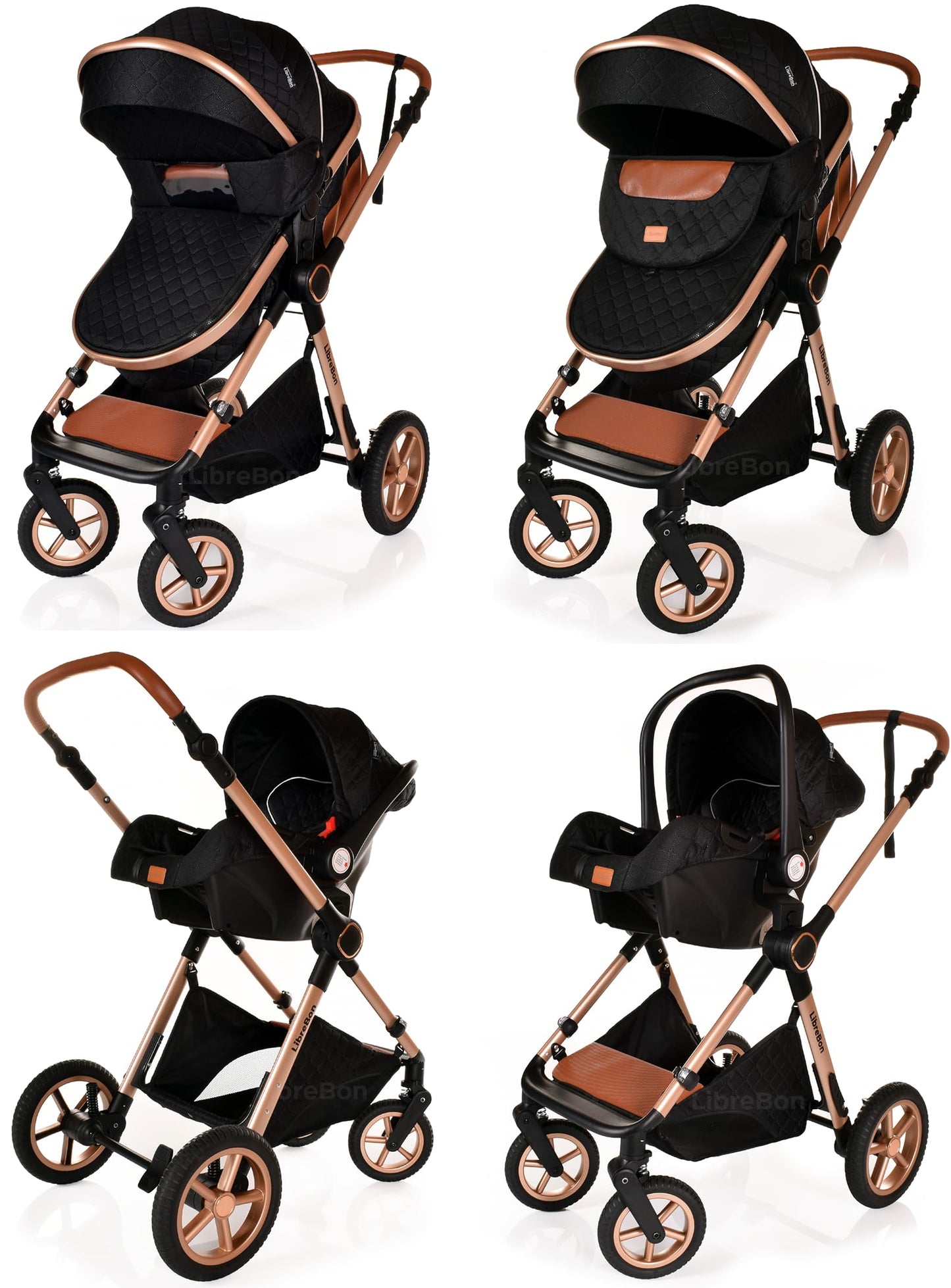 Baby Buggy Pram Pushchair Stroller 3 in 1 Child Lightweight Folding Stroller 3 in 1 Travel System Pram for Newborns & Toddlers from Birth Aluminum (Beige - Rose Gold Frame)