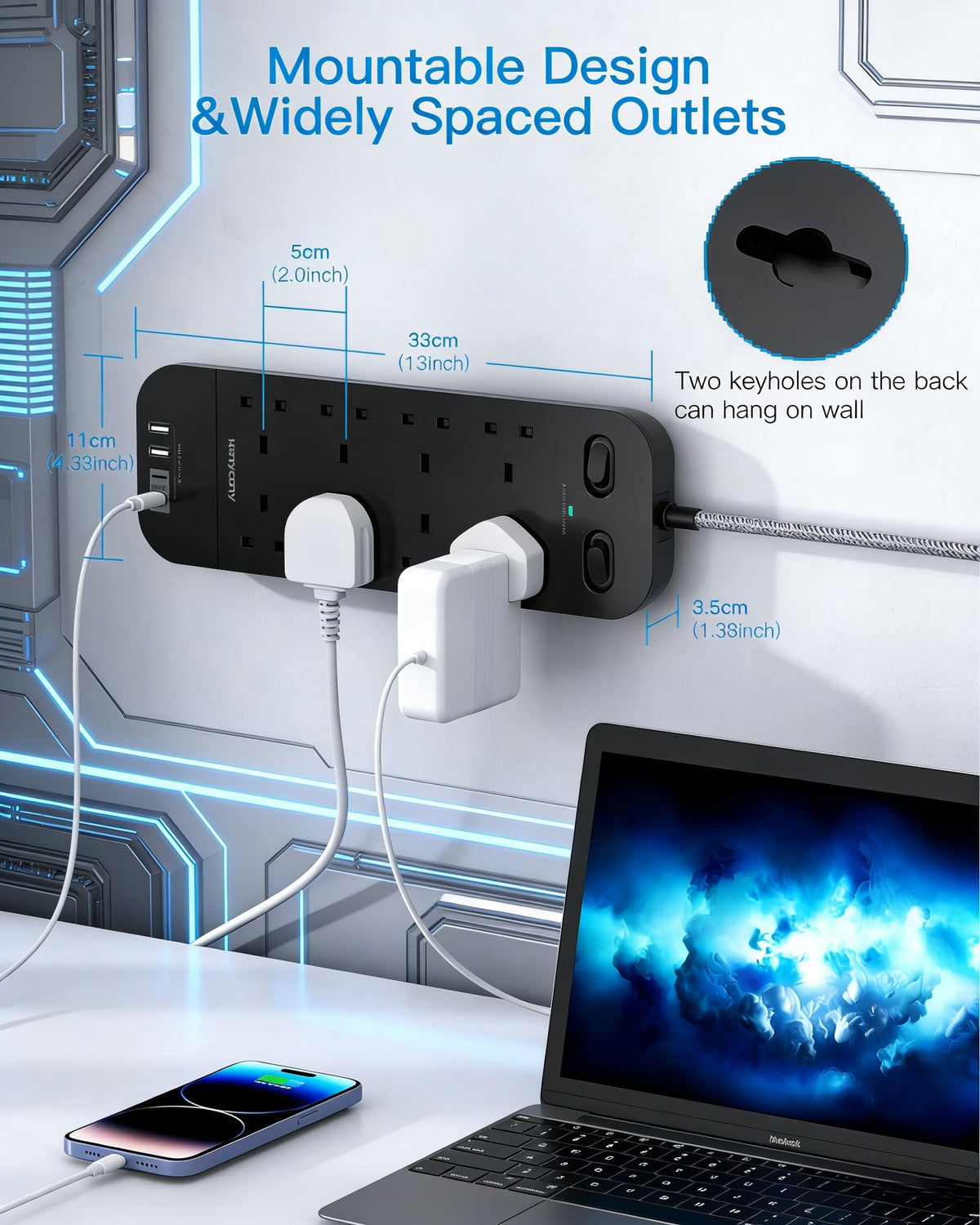 Extension Lead with 2 USB C Slots, 8 Way Power Strip Surge Protector