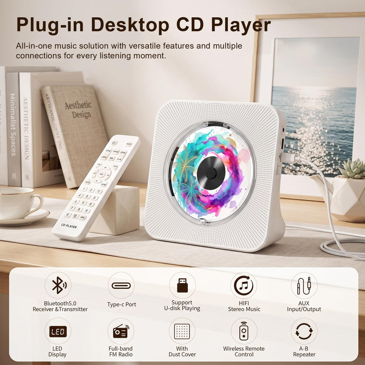 Portable CD Player with Bluetooth, Gueray Desktop CD Players for Home, Bulit-in Double HiFi Speakers, AUX&Headphone Jack, FM Radio Boombox with Remote Control, USB Port,LCD Display (Blue)