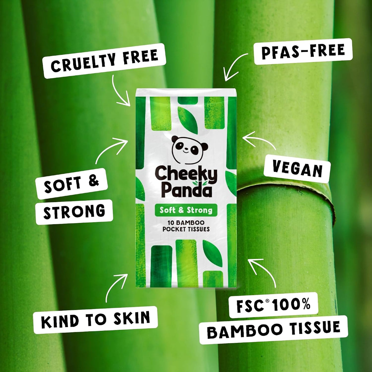 The Cheeky Panda Bamboo Pocket Tissues, 8 Pack of 10 Hypoallergenic Tissues, Ultra Soft, 3-Ply, White, Travel Size