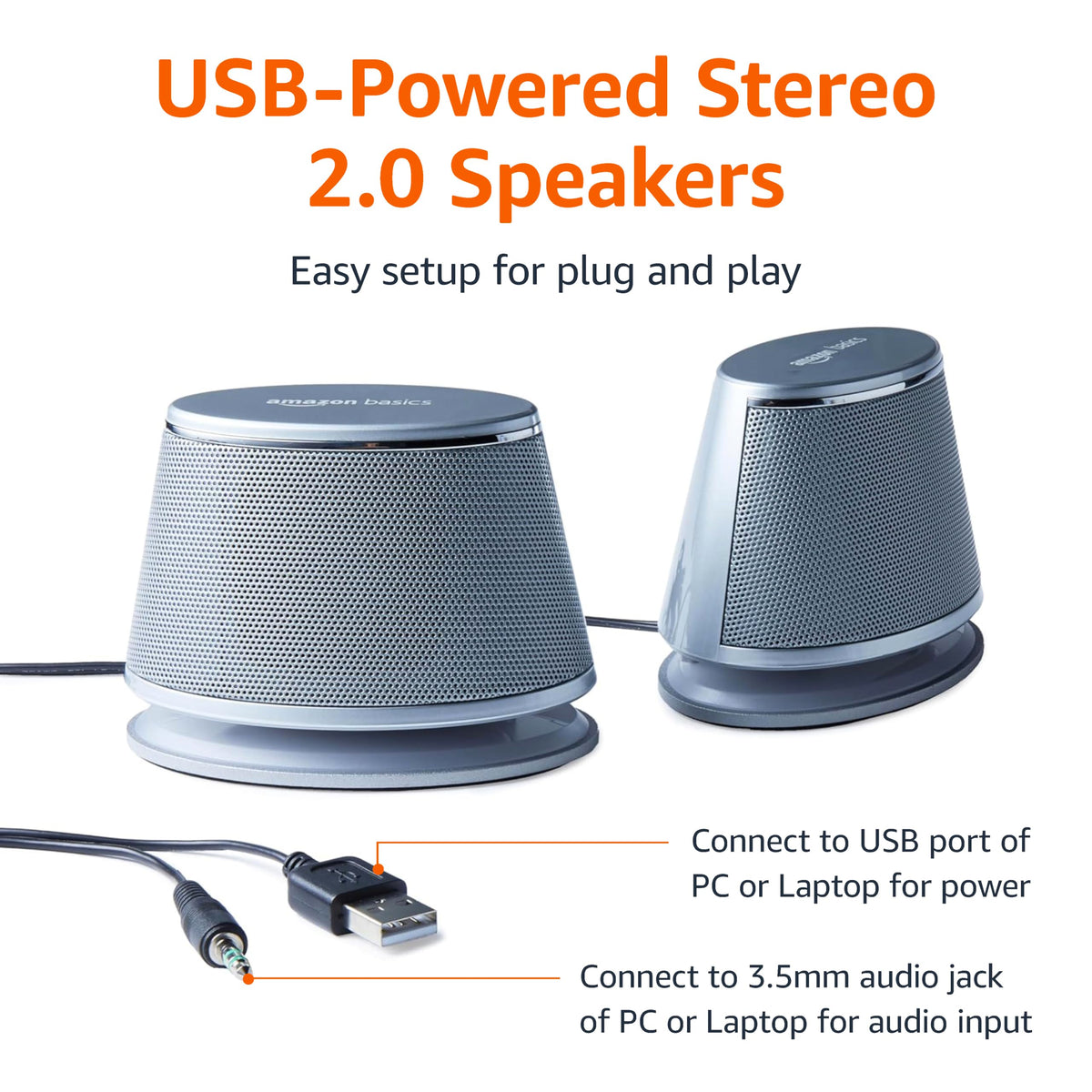 Amazon Basics Stereo 2.0 Computer Speakers for Desktop PC or Laptop, 3.5mm Aux input, USB-Powered, 1 Pair, Black