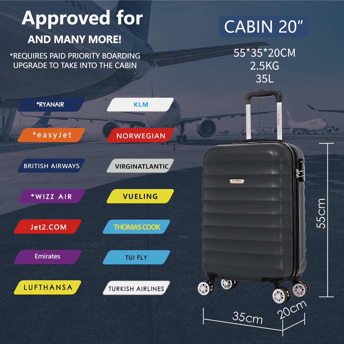 FLYMAX 55x40x20 Ryanair Cabin Bag Hand Luggage Lightweight Suitcase Approved Carry on Luggage Case 2.5KG 40L Royal