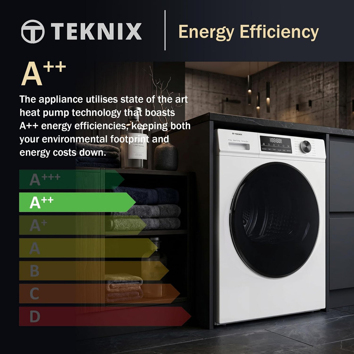 Teknix TK3HP10XW 60cm Freestanding 10kg Heatpump Front Load Tumble Dryer - Quick Dry Function - 3 Year Cover - Suitable for Garages - Allergy Care - Shoe Drying Rack - White - A++ Rated