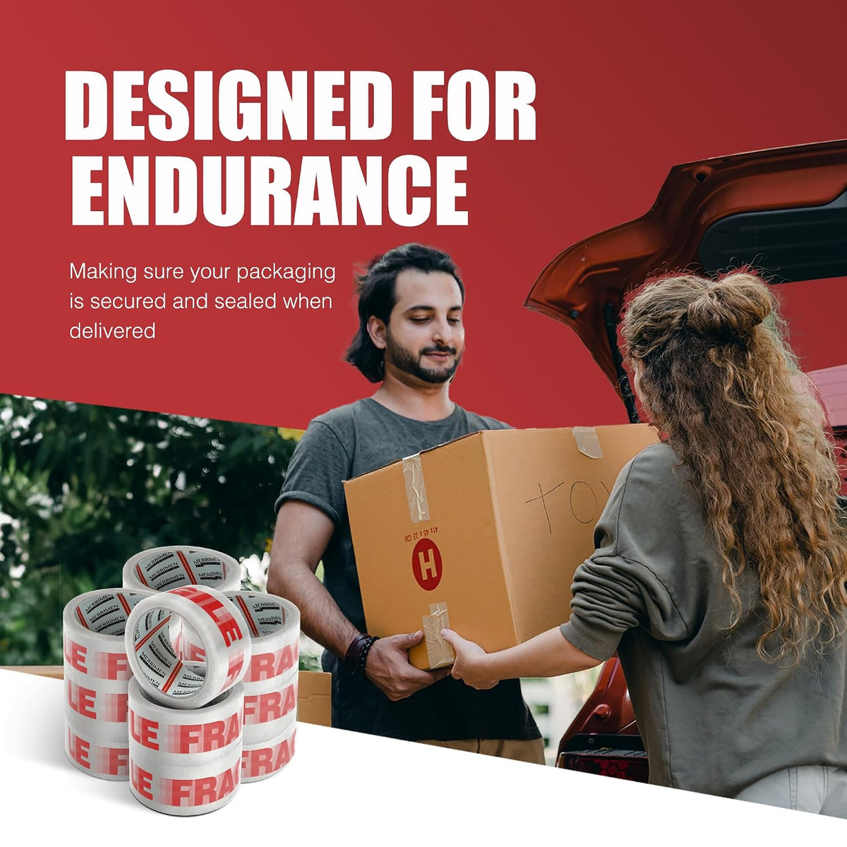Merrimen Strong Heavy Duty Roll Pack Fragile Packaging Tape, Secure Sticky Sealing Tape for Parcel Boxes, Moving Boxes, Large Postal Bags for Long Term Storage, (48MM x 66M) (12 rolls, Fragile)