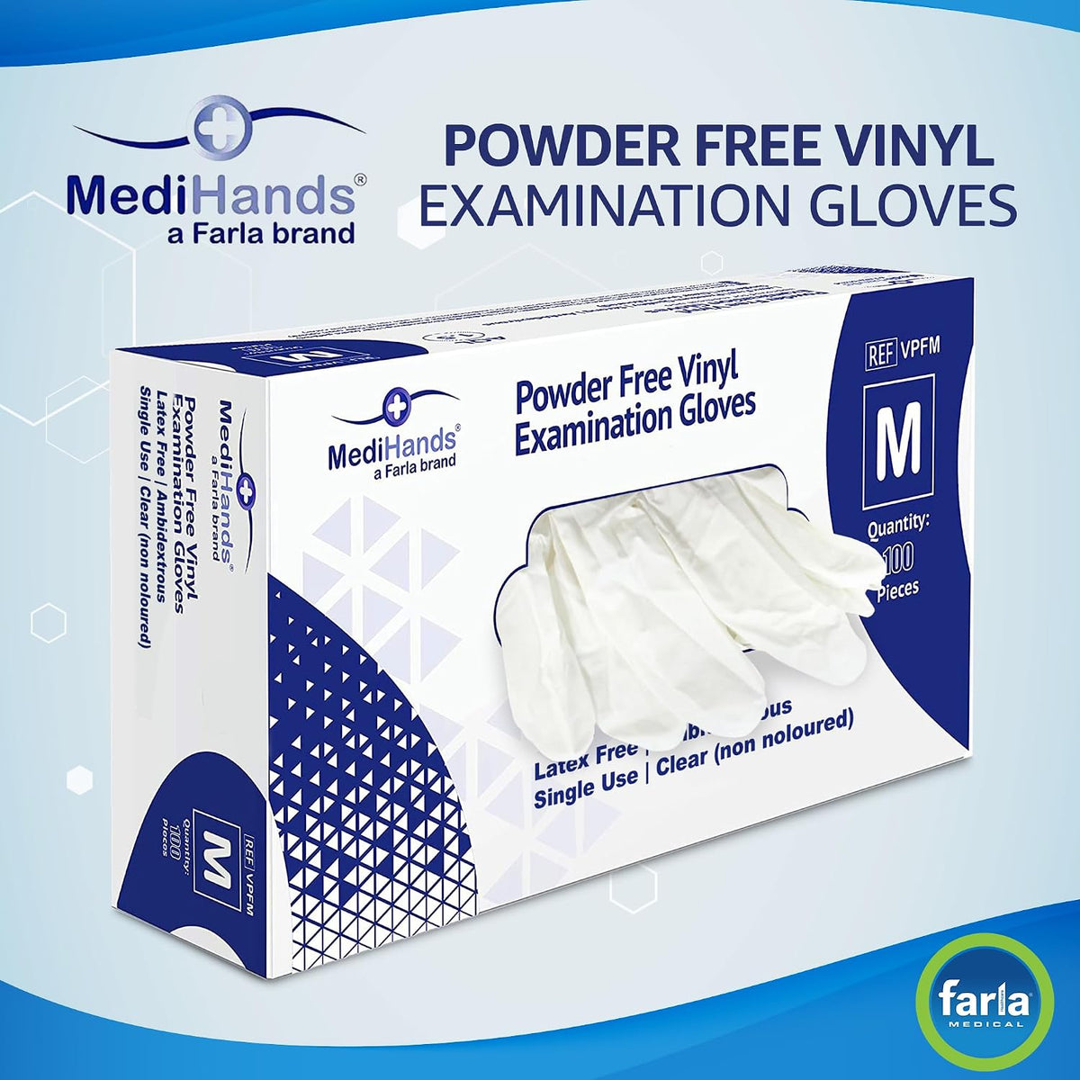 MediHands Vinyl Clear Medium Gloves, Disposable Surgical Gloves, Box of 100, Powder Free, Latex Free, Protein Free, Medical, Food, Multi-Use