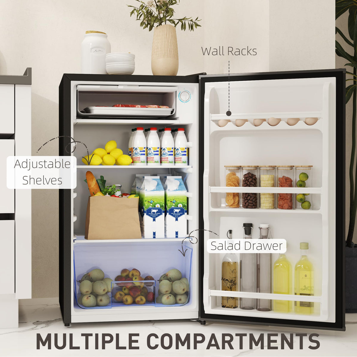 HOMCOM Under Counter Fridge 91L Small Fridge with Chiller Box Silver Tone
