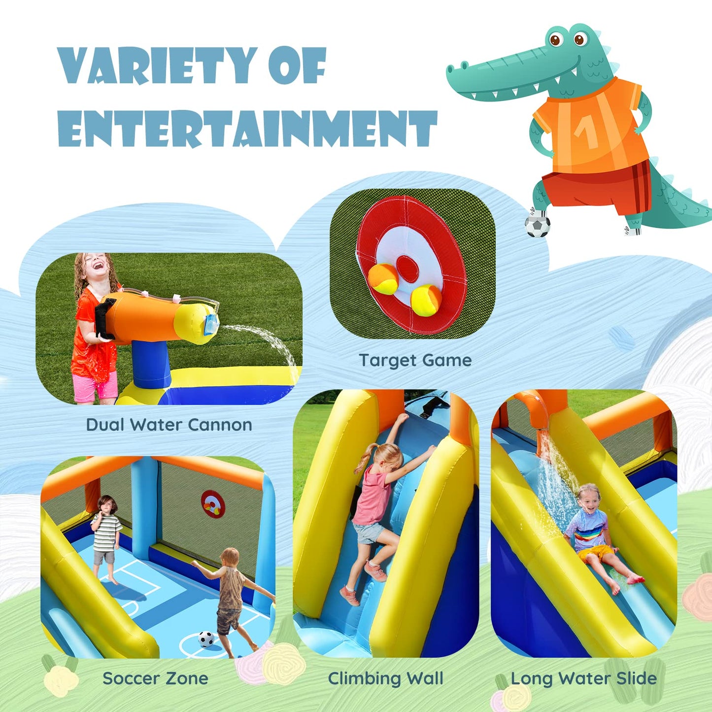 COSTWAY 5-in-1 Inflatable Water Park with Slide, Bouncy Castle, Football Field & Pool — Ages 3-12