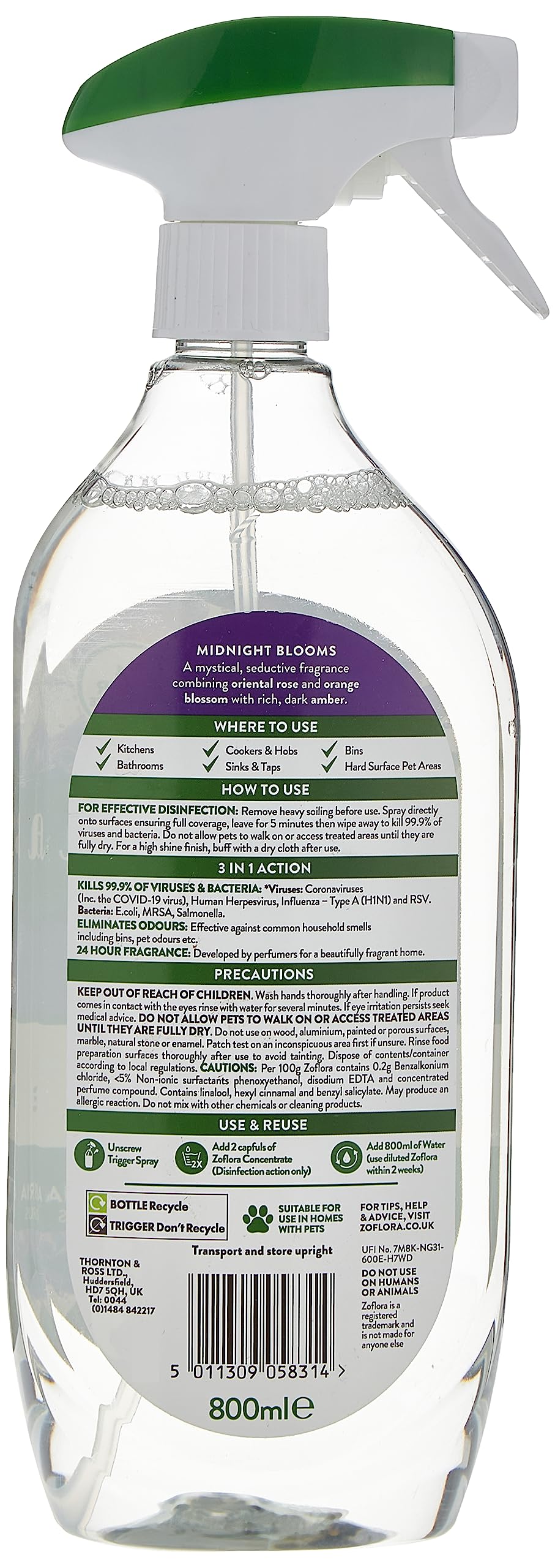 Zoflora Midnight Blooms Multipurpose Cleaner Trigger Spray Bottle, 800ml