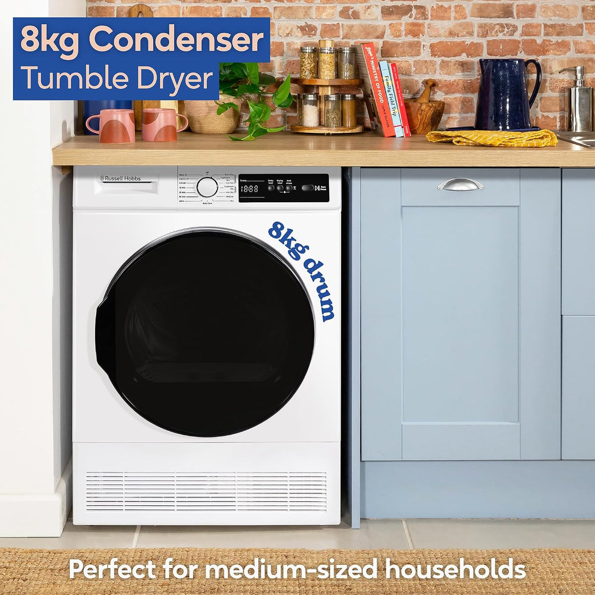 Russell Hobbs Freestanding Condenser Dryer Electric Tumble Dryer 15 Programmes 8kg Capacity 3 Heat Settings LED Display DelayStart Anti-Crease Child Lock Black Clothes Dryer RH8CTD111B