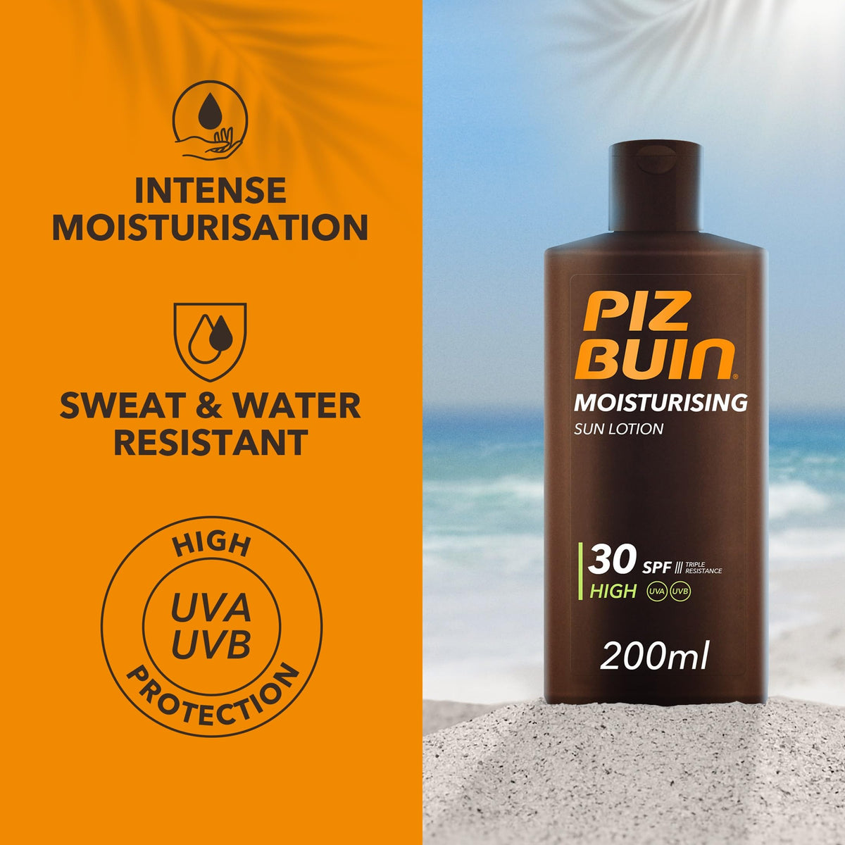 Piz Buin Moisturising Sun Lotion SPF 50+ (200ml), Triple-Resistance Sunscreen with UVA/UVB Filters, Protective and Hydrating Skincare for UV Exposure