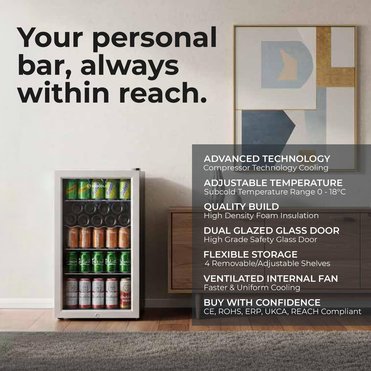 Subcold Super85 LED Beer Fridge | 80 Cans + 5 Bottles | 0-18°C | Glass Door