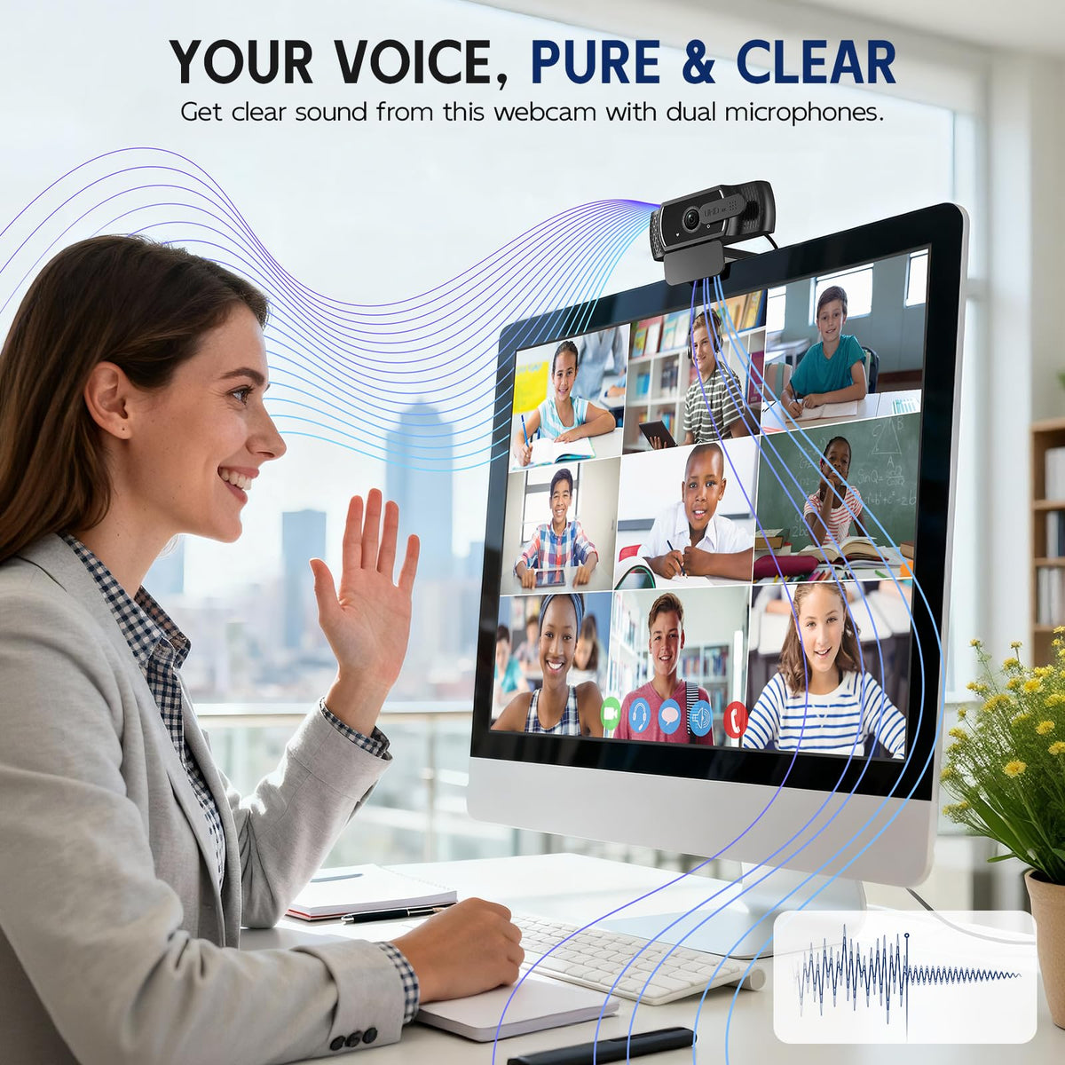 YIMONA FHD 1080P/30fps Webcam for PC/Laptop/Mac, 110° View Webcam with Mics, Privacy Cover, Auto Light Correction, Fixed Focus, Plug&Play USB Web Camera for Live Streaming, Video Calling, Conferences