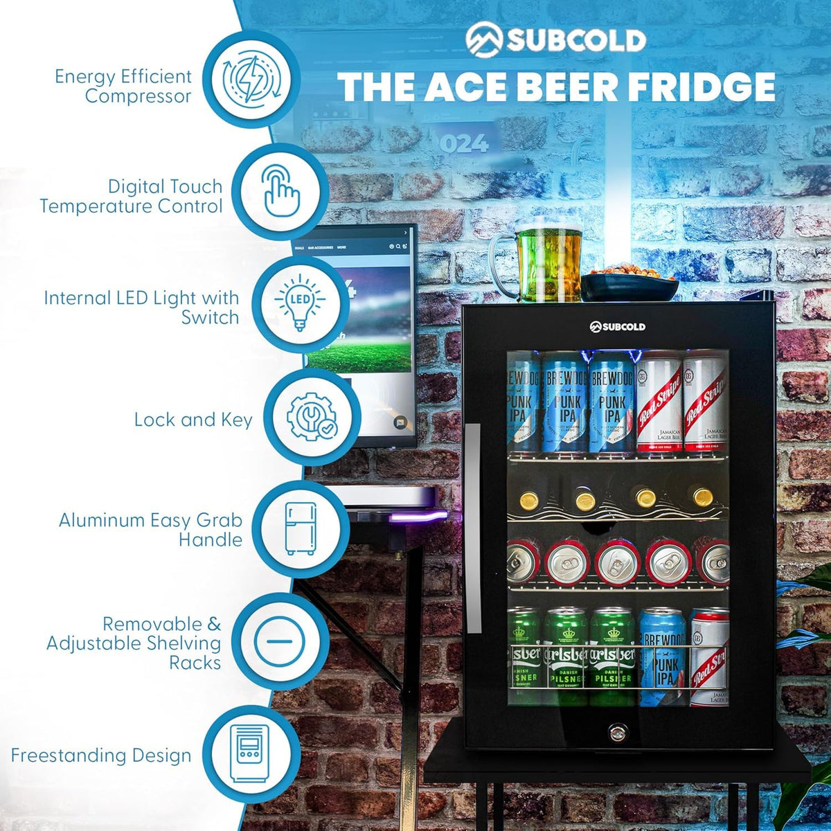 Subcold Ace90 LED Touch Control Beer Fridge With Glass Door | Premium Drinks & Wine Fridge | Black Alu Handle, Auto Defrost, Lockable | 91 Cans | Ideal for Home Bar Undercounter